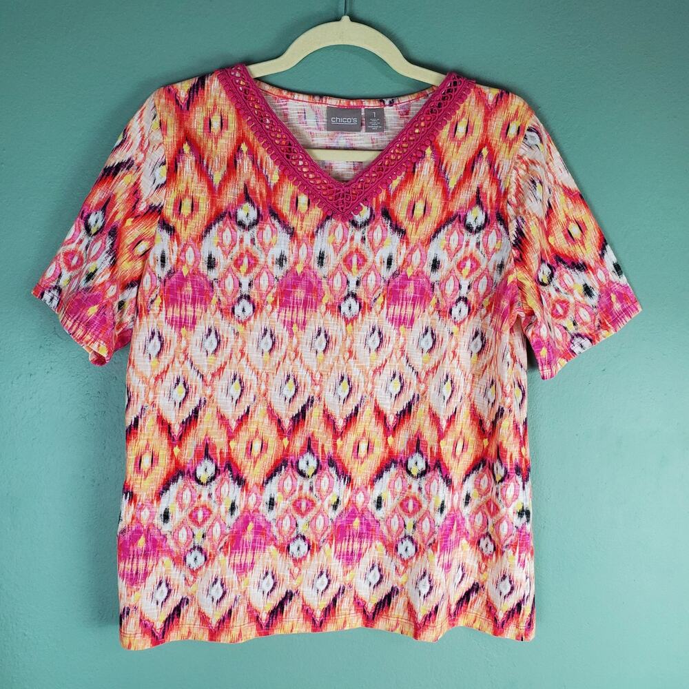 Chico's Pink Orange Balinese Ikat Lattice Trim Short Sleeve Tee Size 1 or Medium